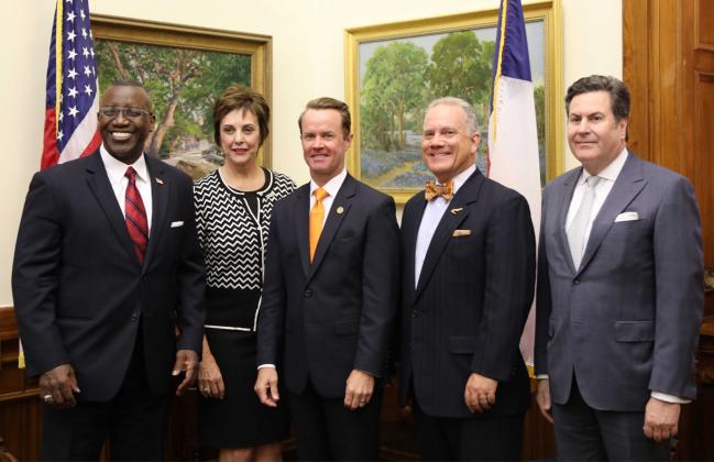 Pictured in photo (L-R): Dr. Lonnie Howard (President, Lamar Institute of Technology), Dr. Betty Reynard (President, Lamar State College Port Arthur), Rep. Dade Phelan (Speaker, Texas House of Representatives), Dr. Tom Johnson (President, Lamar State College Orange), Dr. Brian McCall (Chancellor, Texas State University System)