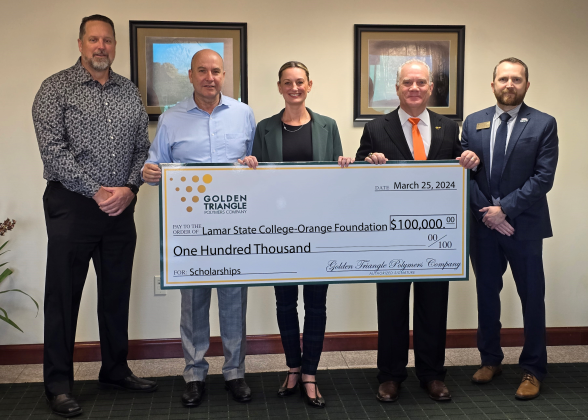 Left to right, Shane Johns, Lamar State College-Orange Foundation Treasurer; Chad Jennings, Golden Triangle Polymers Plant Manager; Heather Betancourth, Golden Triangle Polymers Community Relations; Dr. Thomas Johnson, Lamar State College-Orange President; and Brian Hull, Lamar State College-Orange Dean of Students.